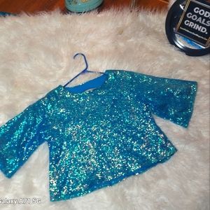 LILY WHITE Blue Iridescent Sequin Crop Top szS with cut out